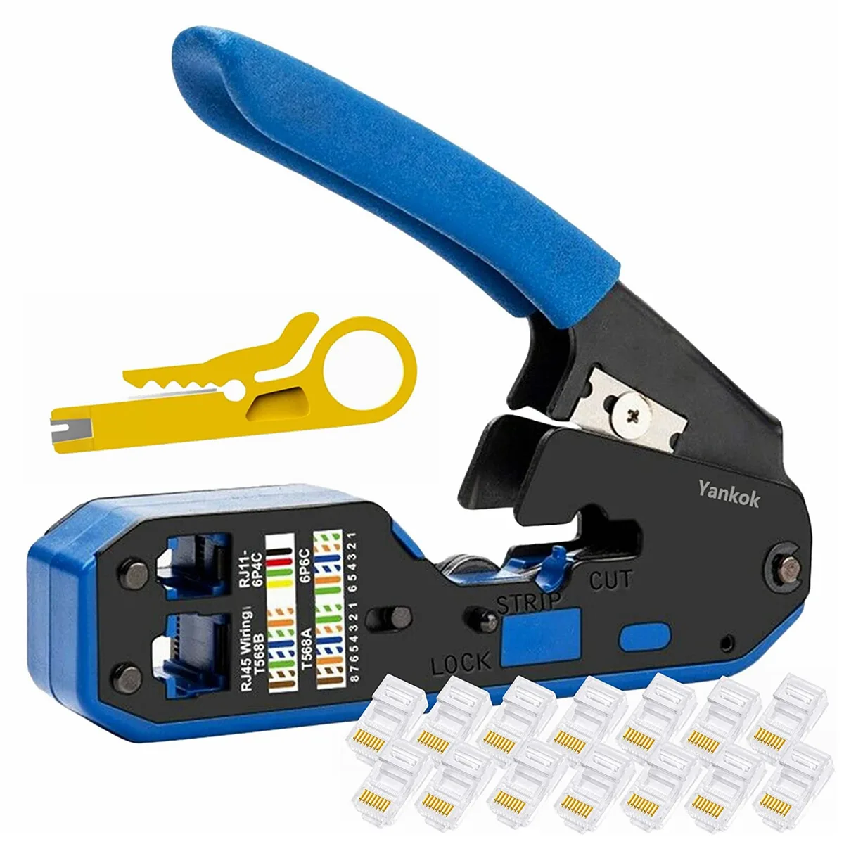 Yankok Yankok RJ45 RJ12 RJ11 Modular Crimper Blue Handle 15x Connectors — product photo