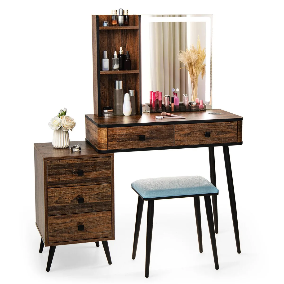 Brown and white vanity table set with lighted mirror, three-drawer chest and cushioned stool