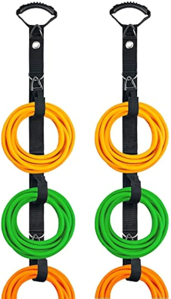 Black fabric cord organiser with multiple loops and a top handle, shown hanging vertically on a wall hook