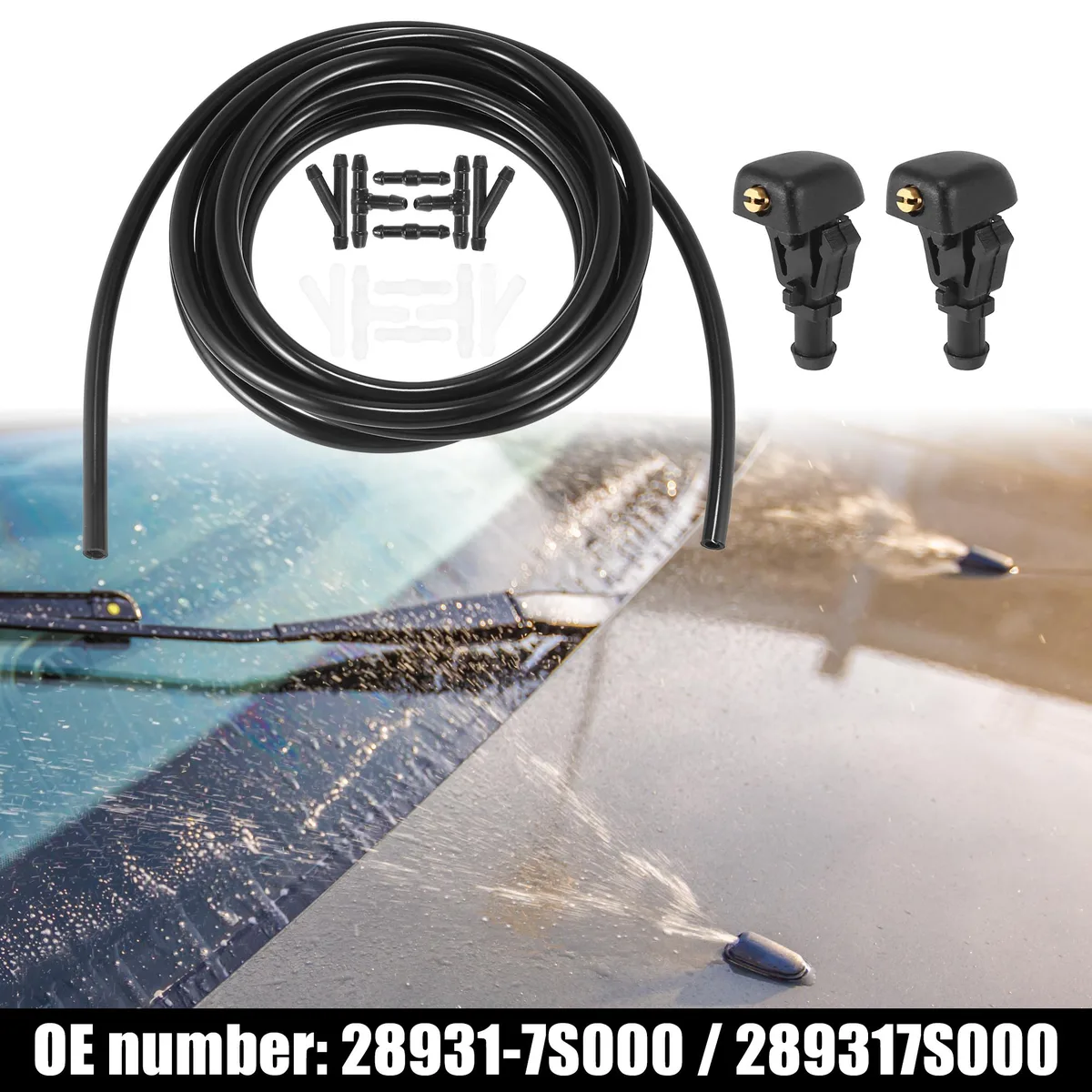 Black plastic windshield washer nozzle kit with hose and connectors