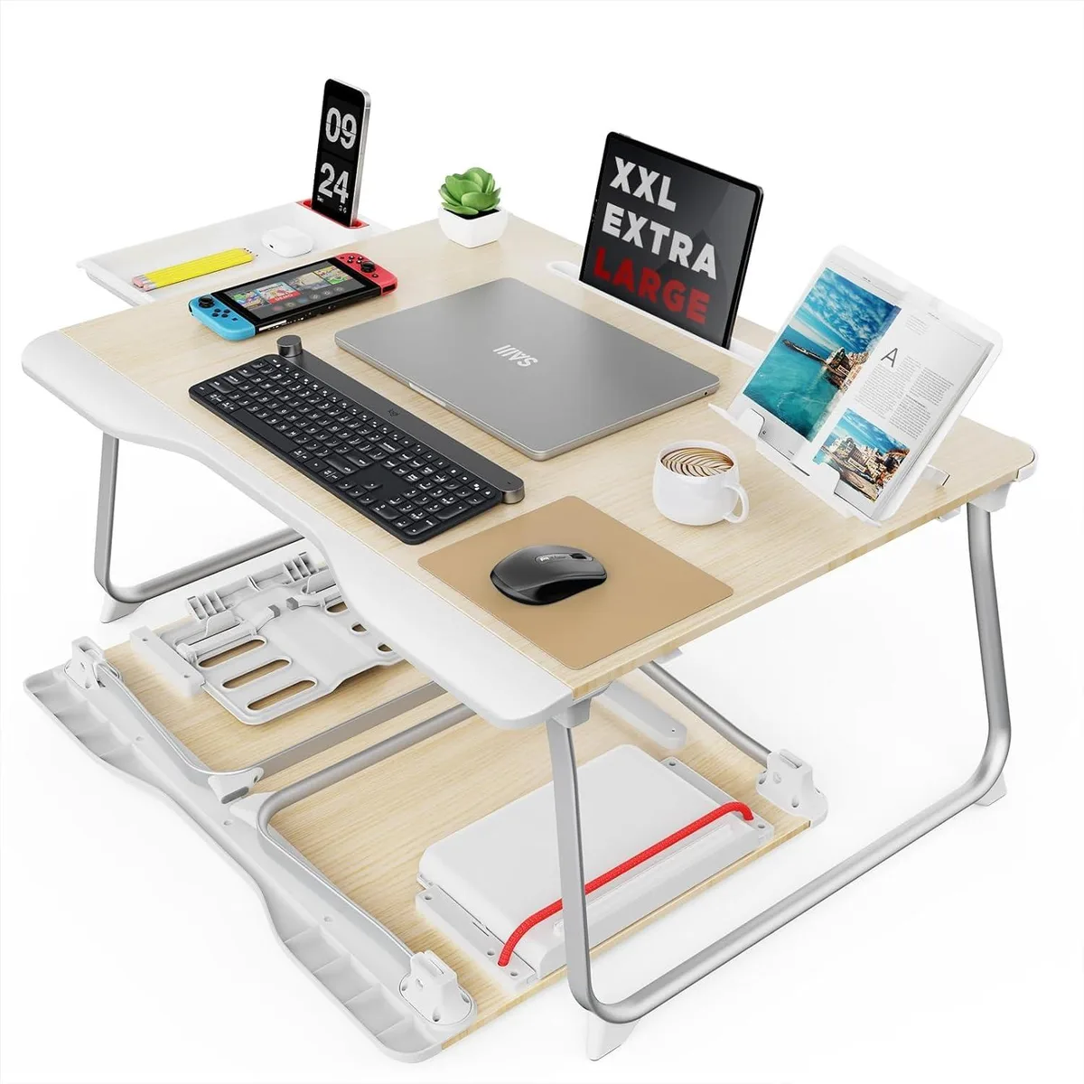 Black folding bed desk with large rectangular top, U-shaped aluminium legs, wrist rest and tablet slot