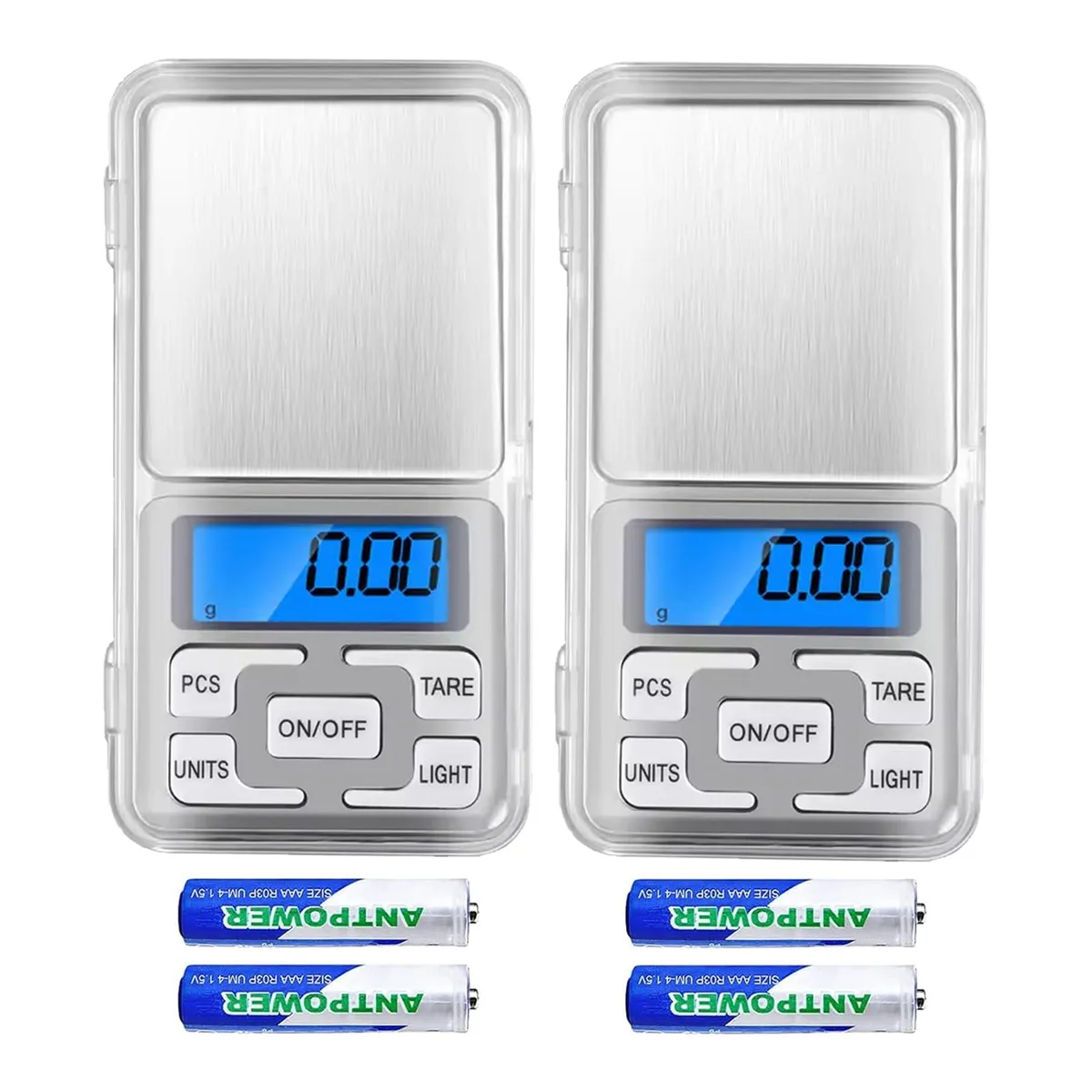 Silver pocket scale with blue LCD display and flip cover, 12 pack