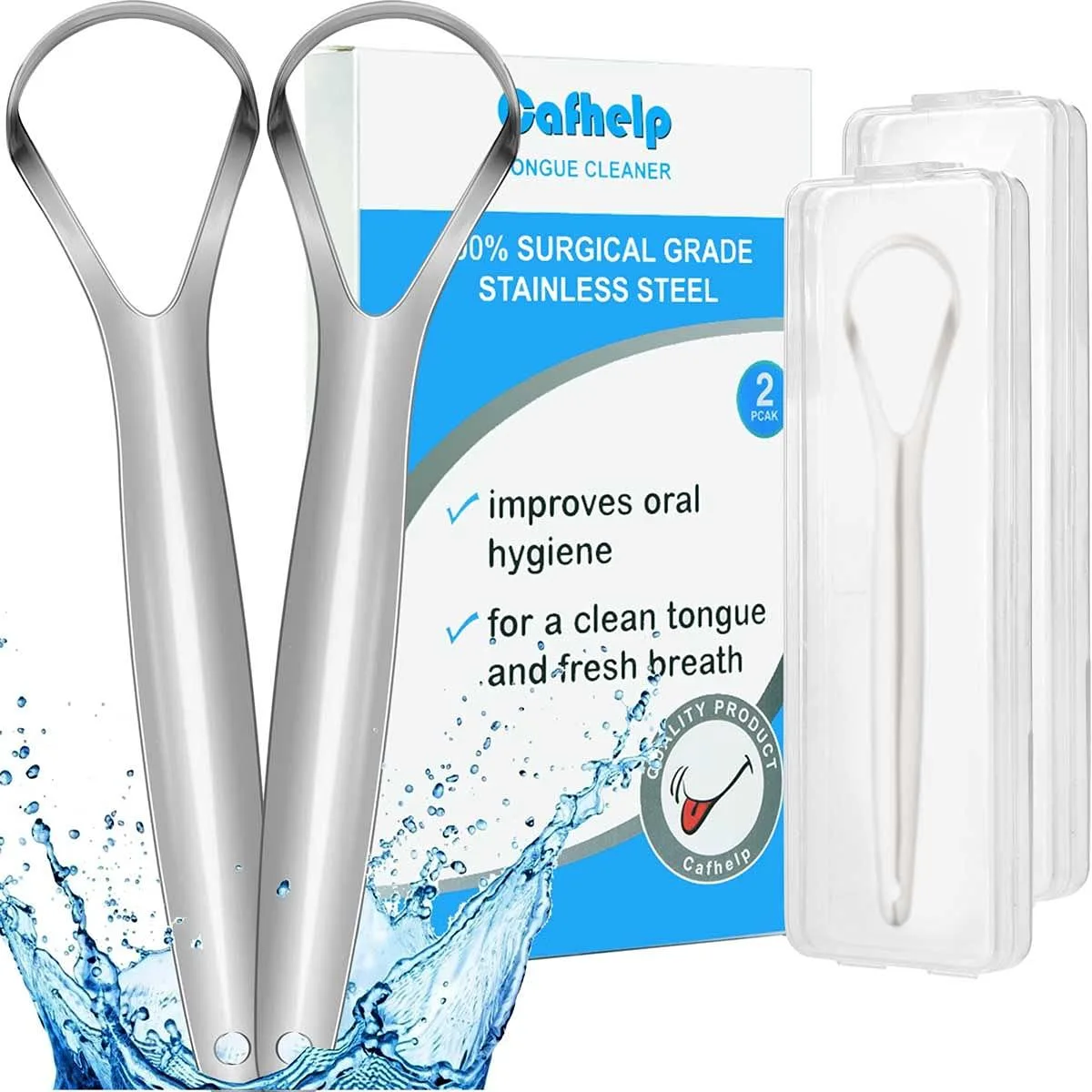 Two stainless steel tongue scrapers with curved heads and travel cases