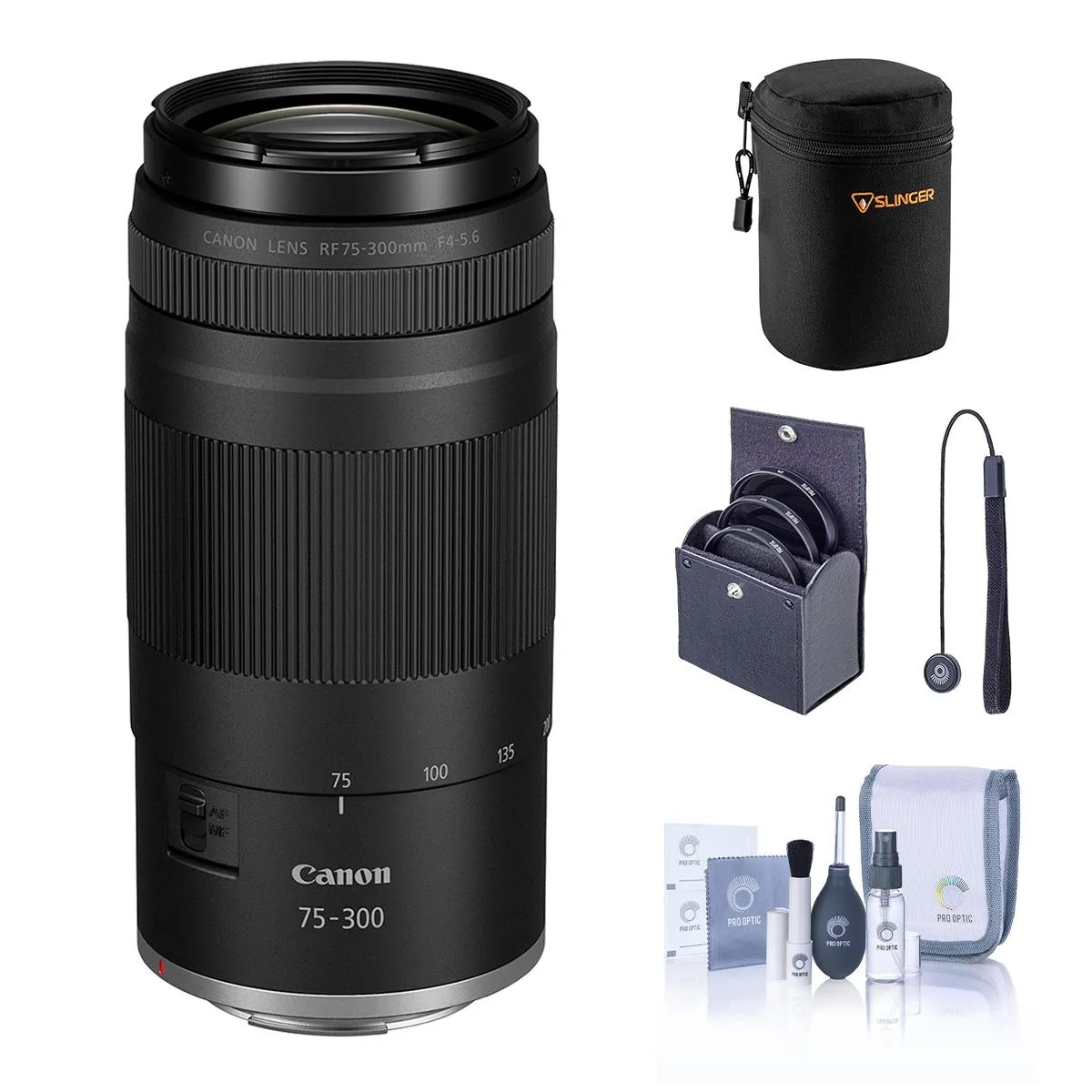 Canon Canon RF 75-300mm f/4-5.6 camera lens with 58mm filter kit, case and cleaning kit — product photo