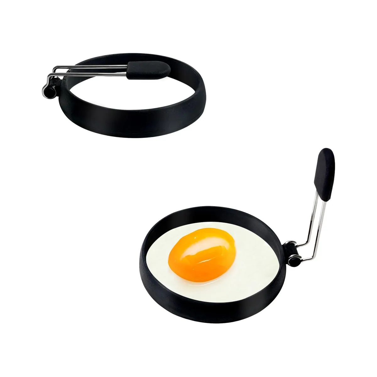 Two black silicone egg rings, circular, matte finish
