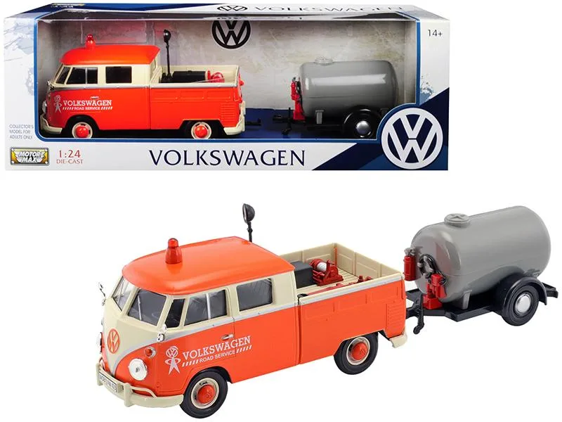 MOTORMAX MOTORMAX Volkswagen Type 2 T1 Pickup Orange Cream Oil Trailer 1/24 Diecast — product photo