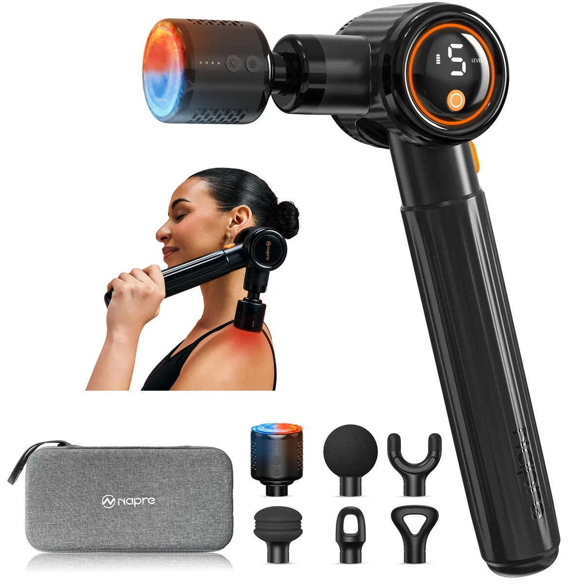Black handheld percussion massager with long handle, 6 heads, carry case