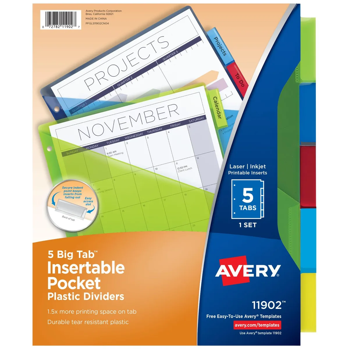 A set of five multicolored plastic binder dividers with big tabs and pockets, shown flat with three holes visible