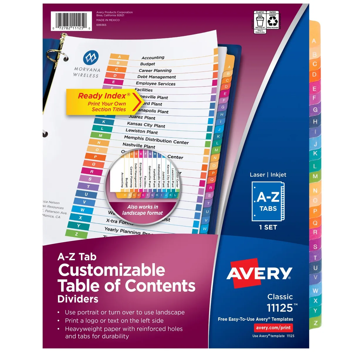 A set of 26 paper binder dividers with multicolor alphabet tabs on white sheets