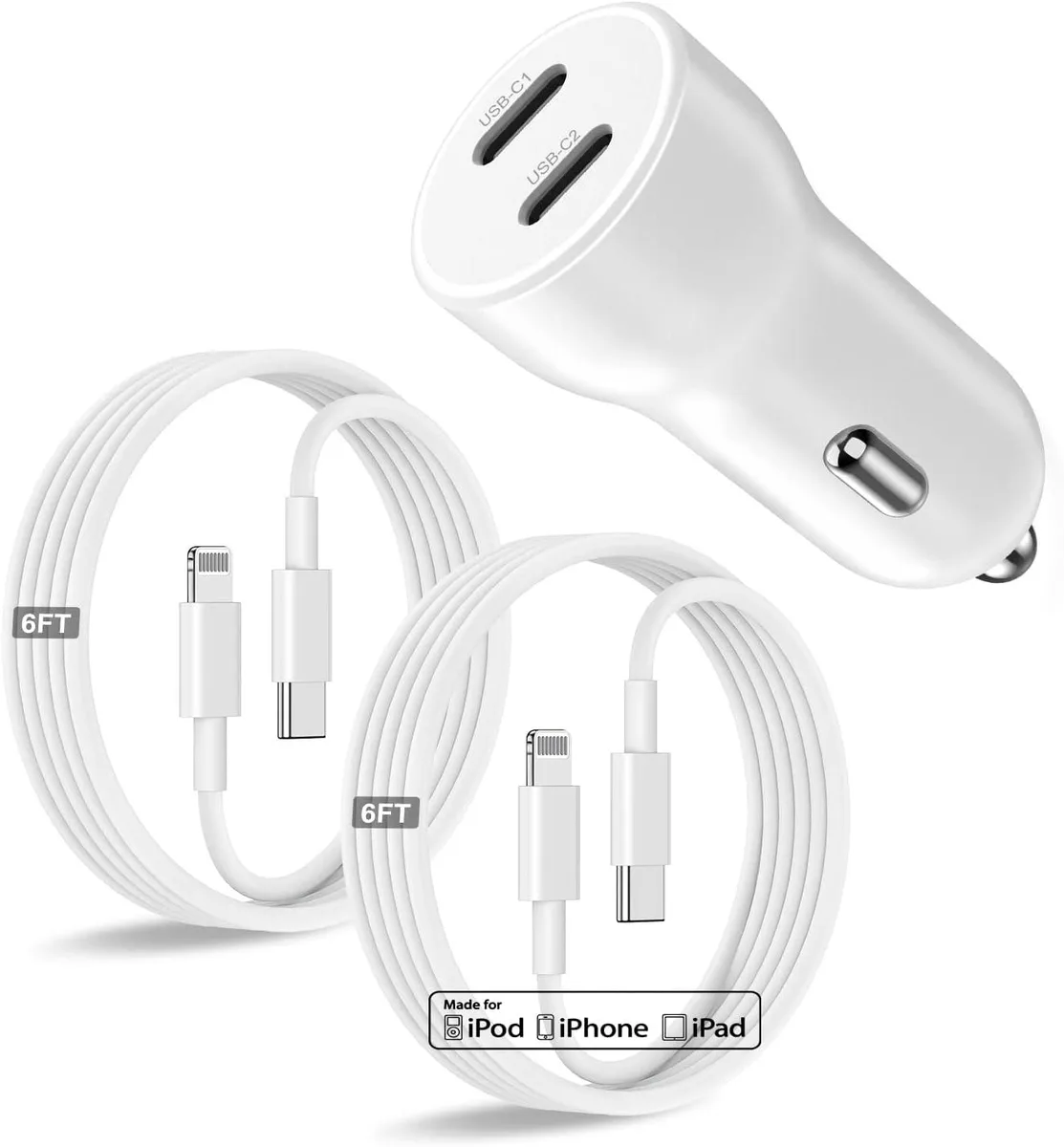 Hamzan Hamzan 45W Dual Port USB-C Car Charger with 6ft MFi Lightning Cable — product photo
