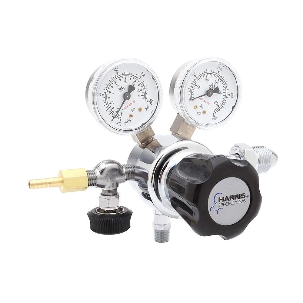 Chrome-plated brass single-stage gas regulator with dual gauges and control knob