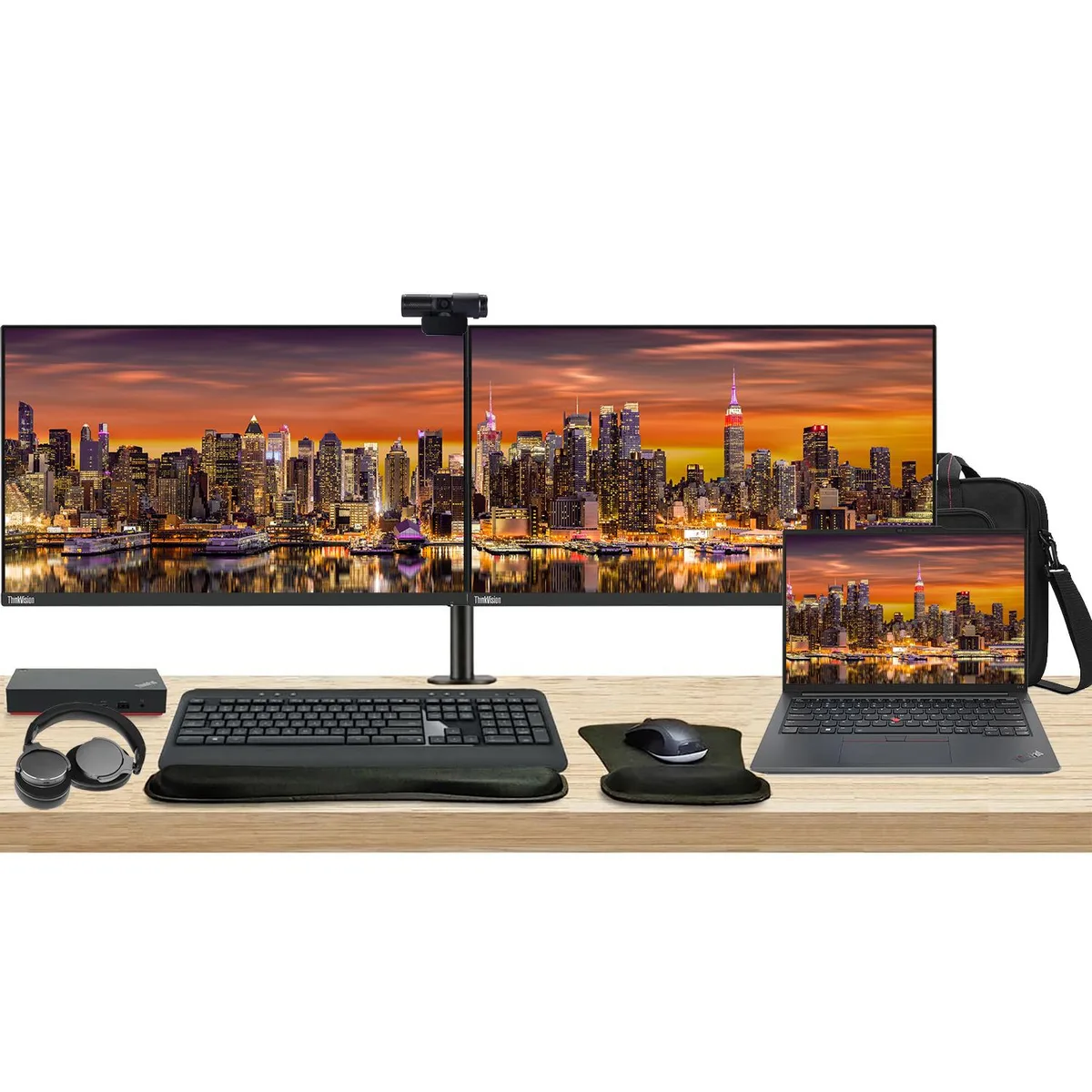 Lenovo Lenovo ThinkPad E14 Gen 5 14" Ryzen 7 7730U 16GB 512GB bundle with dual 27" monitors, dock, peripherals — product photo