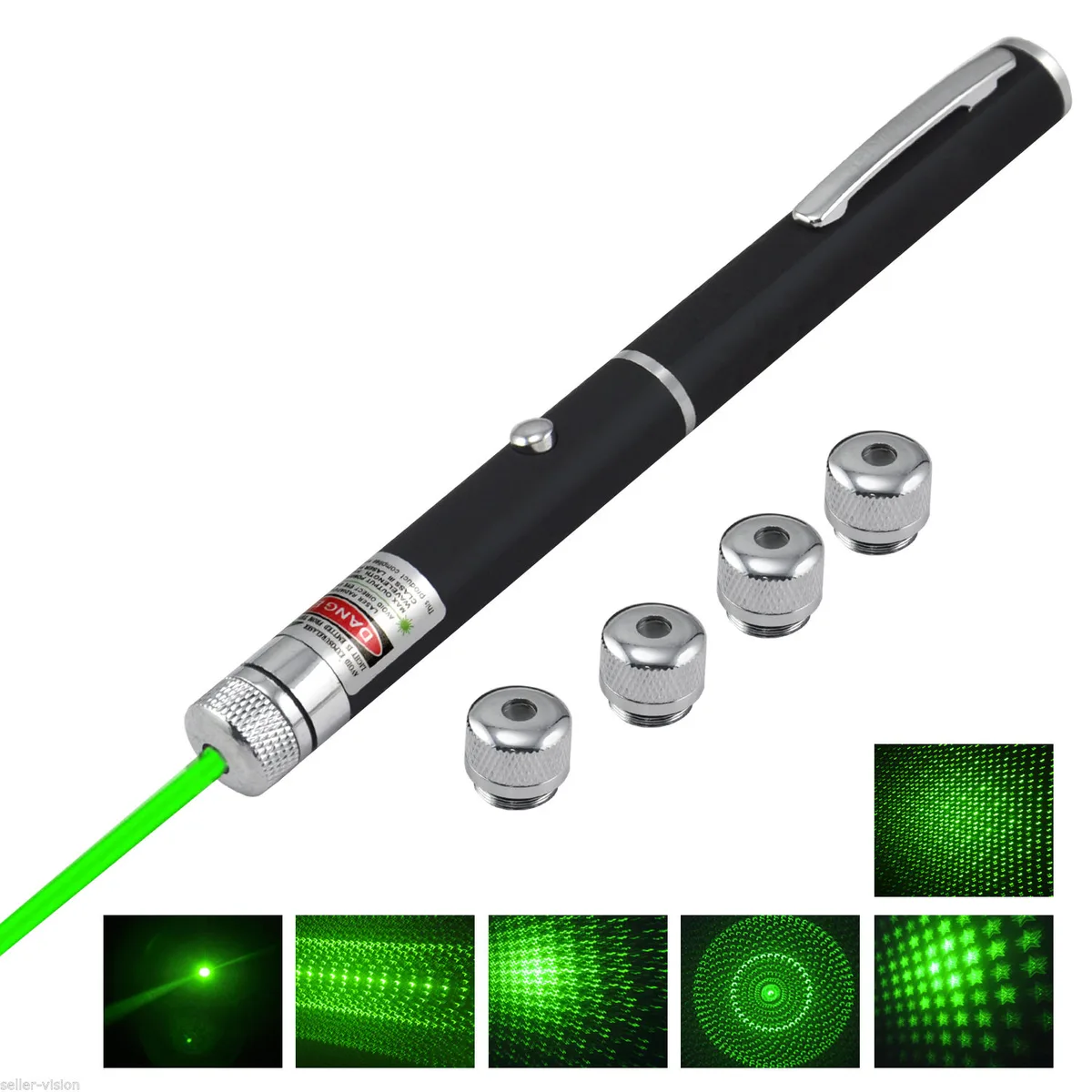 Green metal laser pointer pen with five interchangeable star-pattern caps and pocket clip