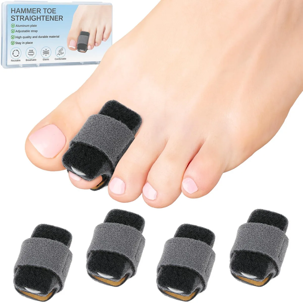 Four grey hammer toe straighteners with aluminum plates and adjustable straps, medium size