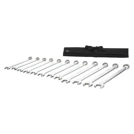 Twelve chrome-finished combination wrenches with 15-degree offset heads