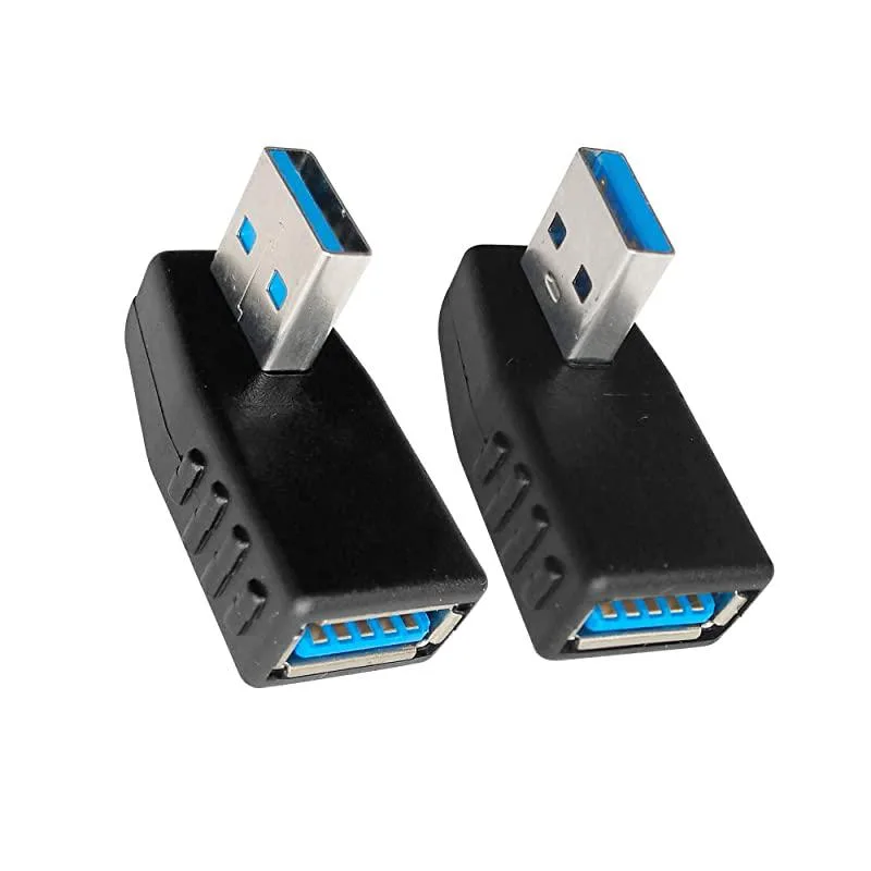 Pair of USB 3.0 right-angle adapters, one leftward one rightward, male to female, black plastic bodies