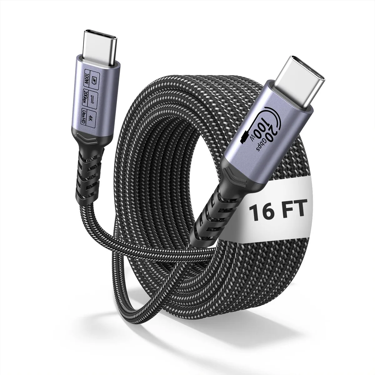 Black USB-C to USB-C cable, 16 ft long, male-to-male connectors