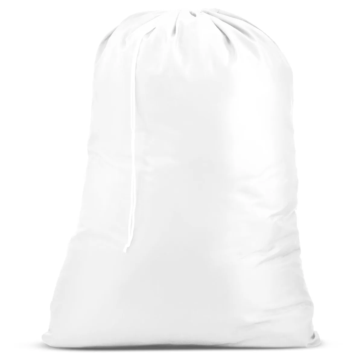 White rectangular nylon laundry bag with black drawstring closure shown flat
