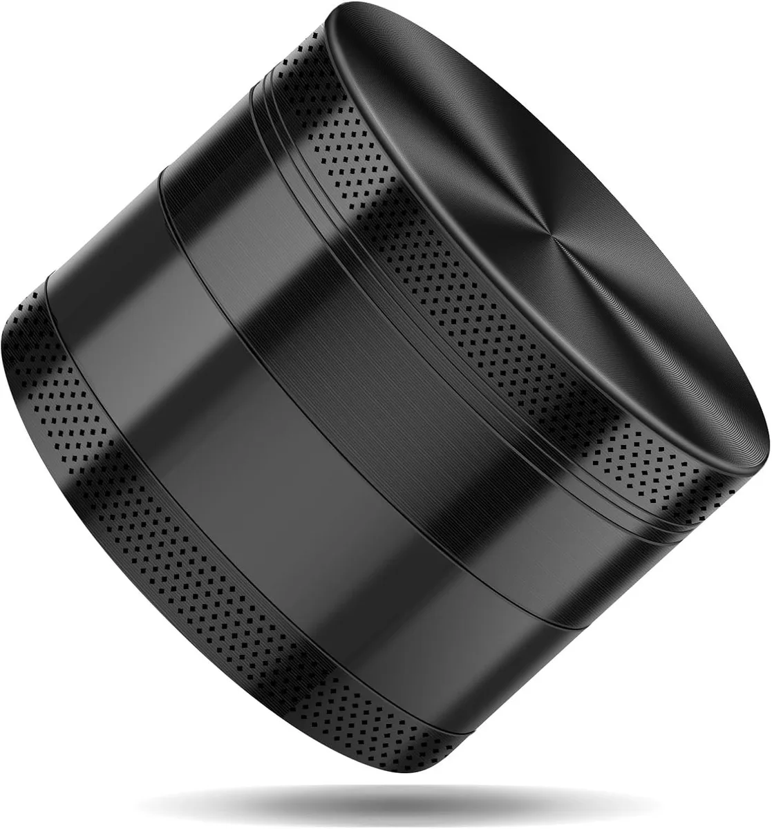 Compact black cylindrical spice grinder with magnetic lid and crank handle