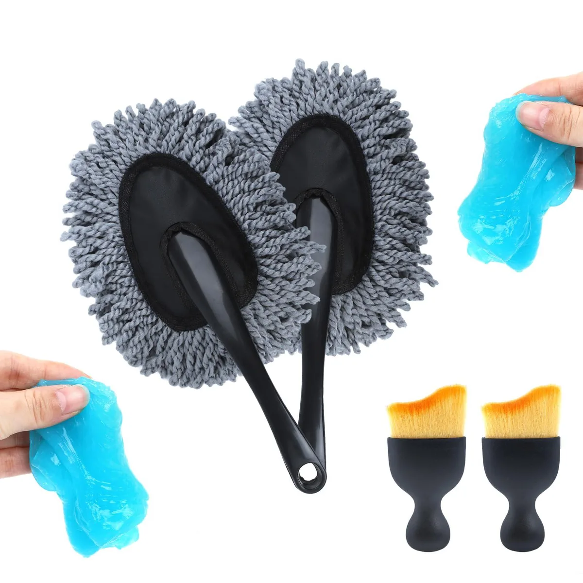Six-piece car interior cleaning kit with dusters, brushes and gel in compact packaging
