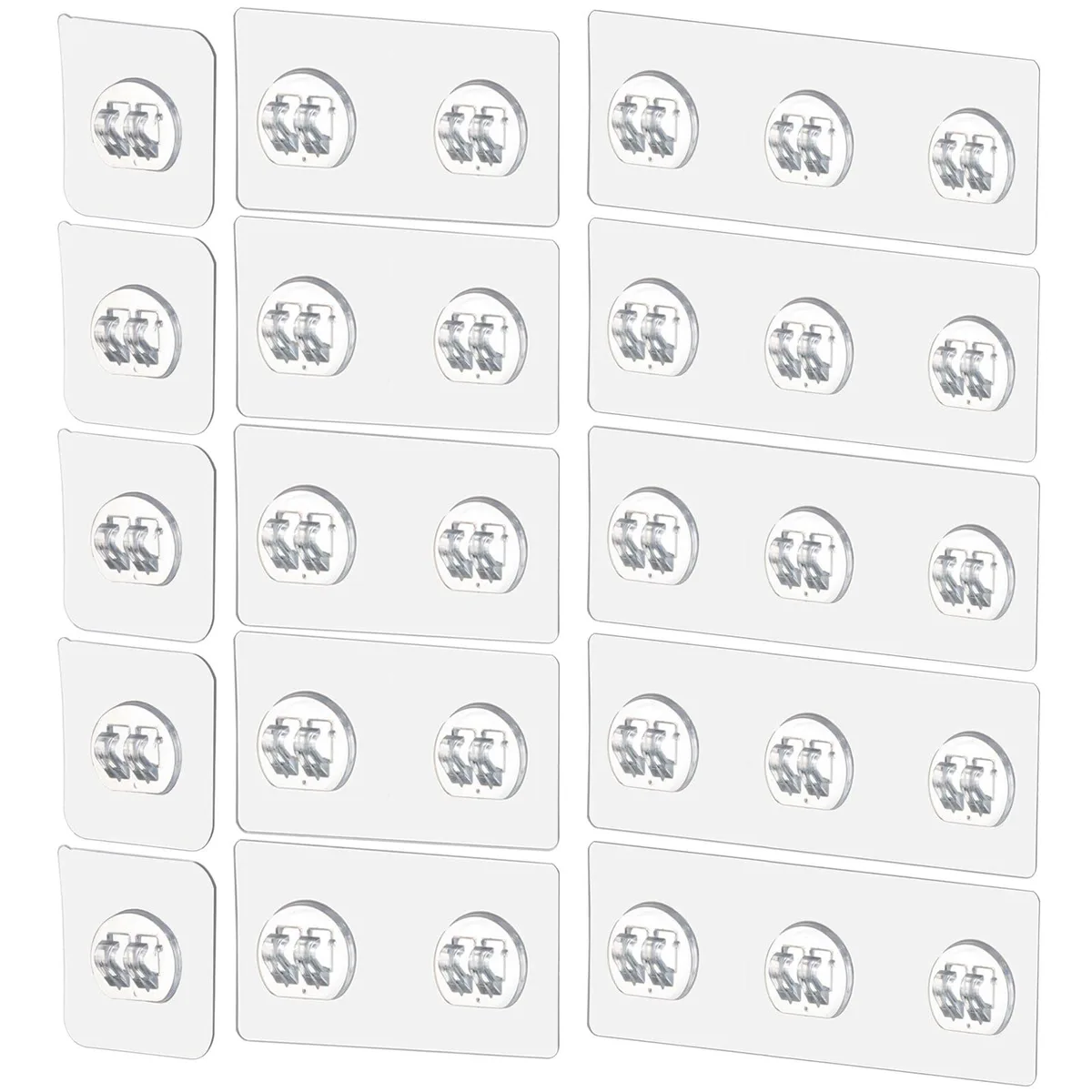 Fifteen clear adhesive hooks in three styles on backing sheets