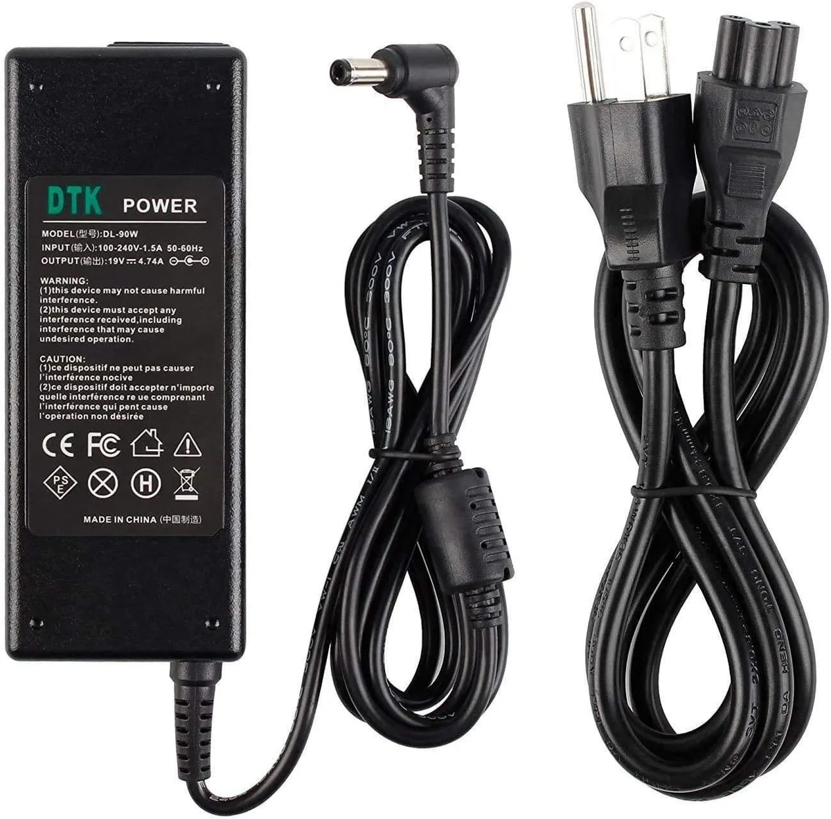 Black rectangular AC adapter with 10 foot cable and 5.5 by 2.5mm barrel connector