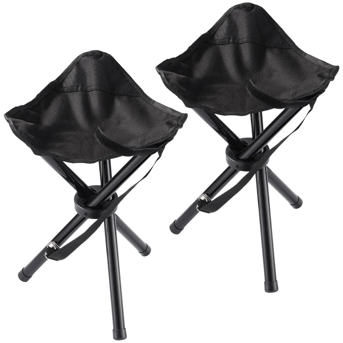 Two black folding tripod stools with shoulder straps, compact and lightweight