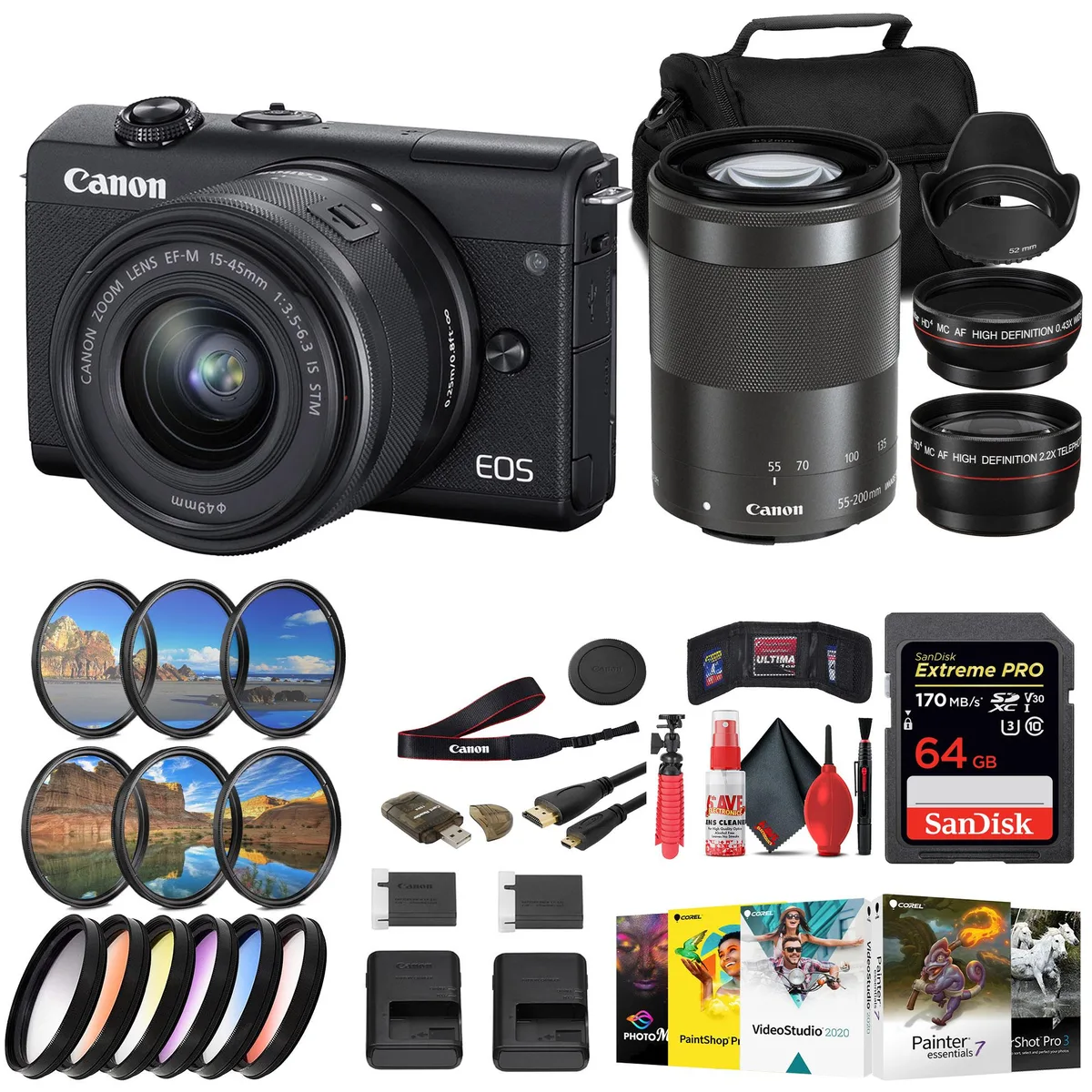 Canon Canon EOS M200 compact mirrorless camera 15-45mm 55-200mm black 64GB — product photo
