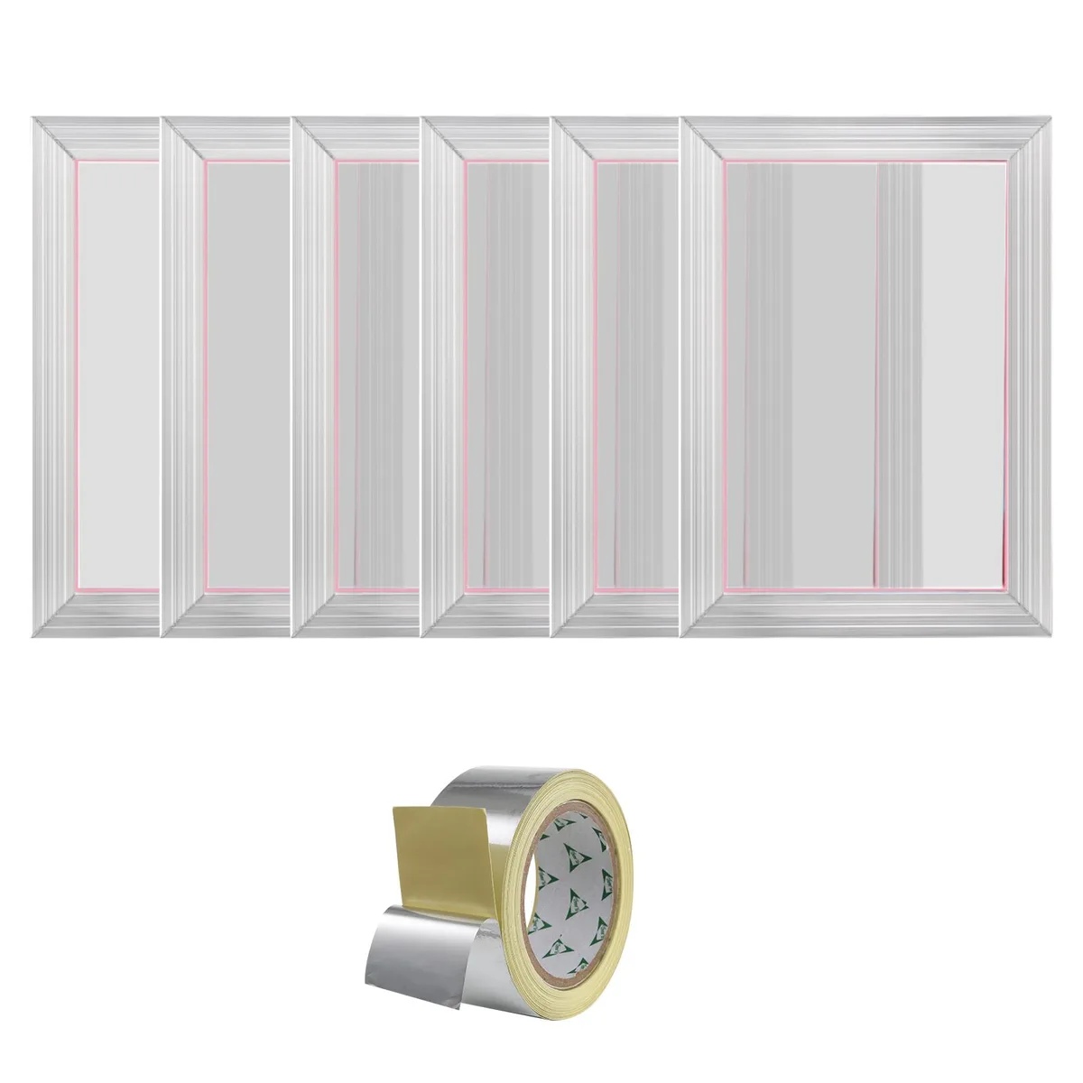 Six 10 by 14 inch aluminum frames with white mesh and sealing tape