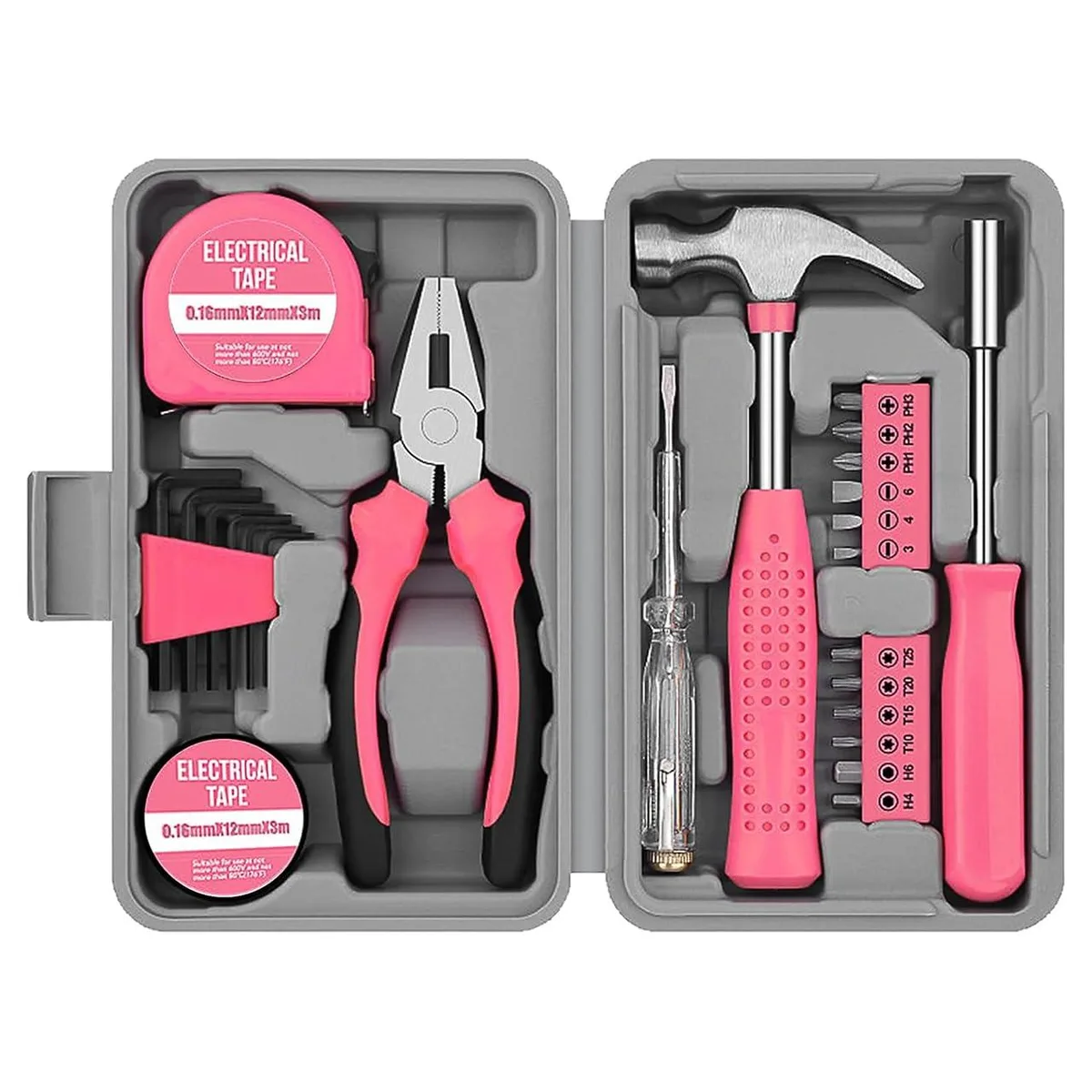 Pink 24-piece hand tool kit in compact case measuring 8.3 by 5.1 by 2.2 inches
