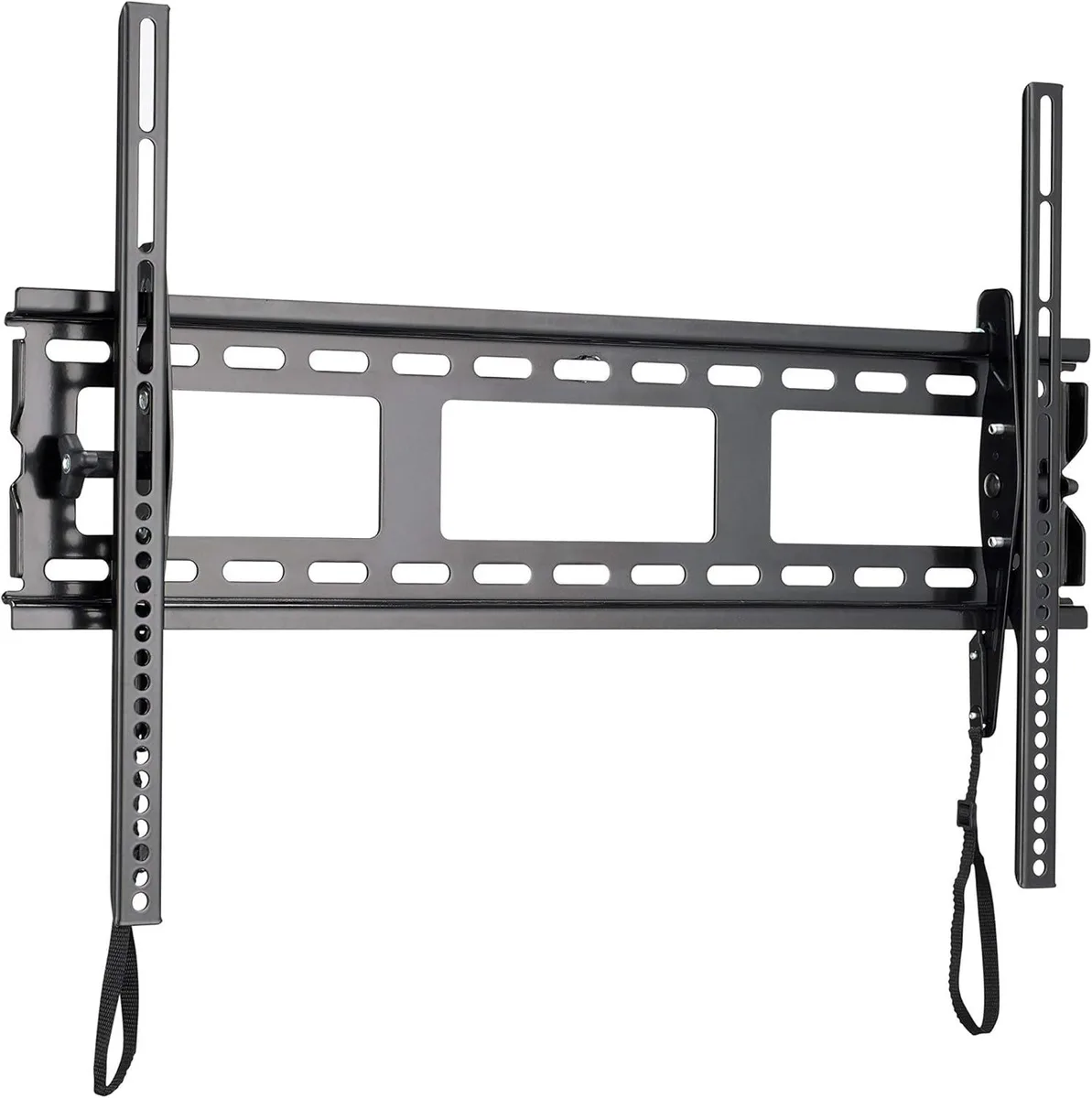 Black low-profile steel TV wall mount with tilt brackets and horizontal sliding rails, shown flat against a wall