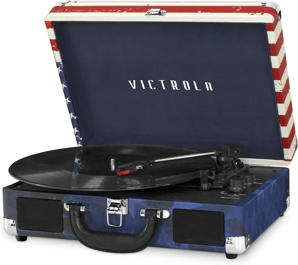 Red, white and blue suitcase turntable with carry handle, closed lid showing American flag print