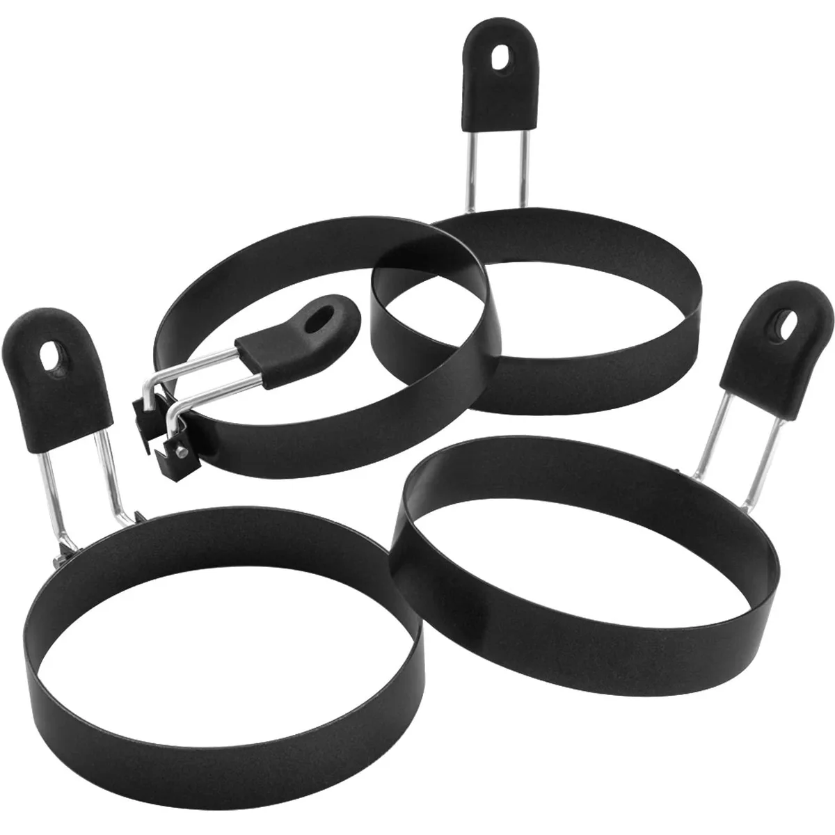 Four round stainless steel egg rings with folded handles