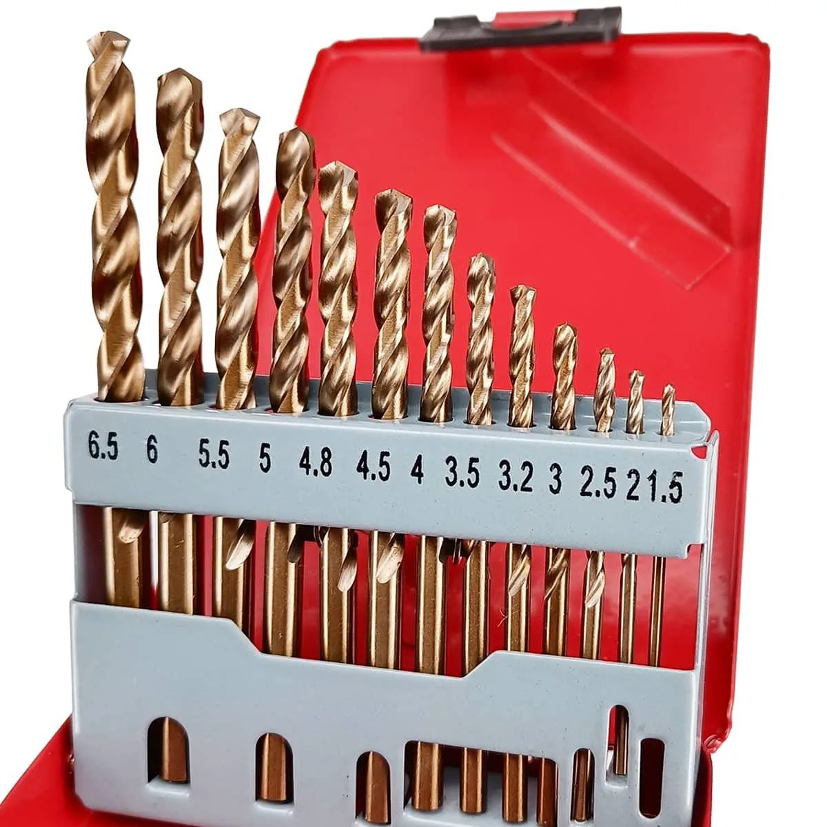 13 black cobalt twist drill bits in metal case