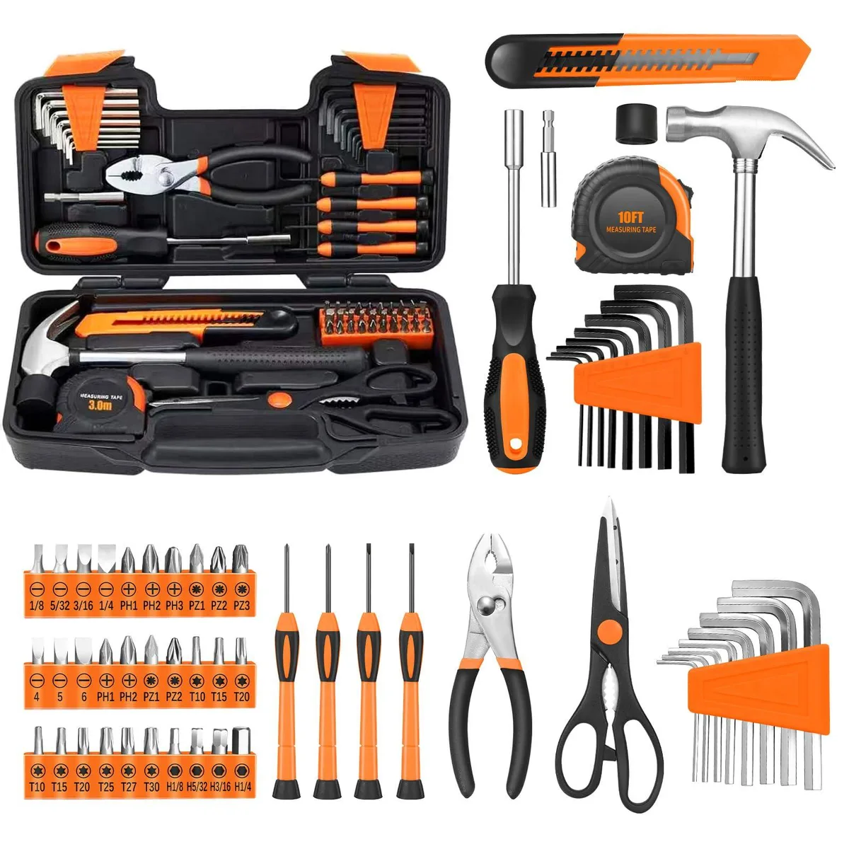Orange plastic toolbox containing 58-piece home tool set with hammer, screwdriver bits, hex keys, pliers