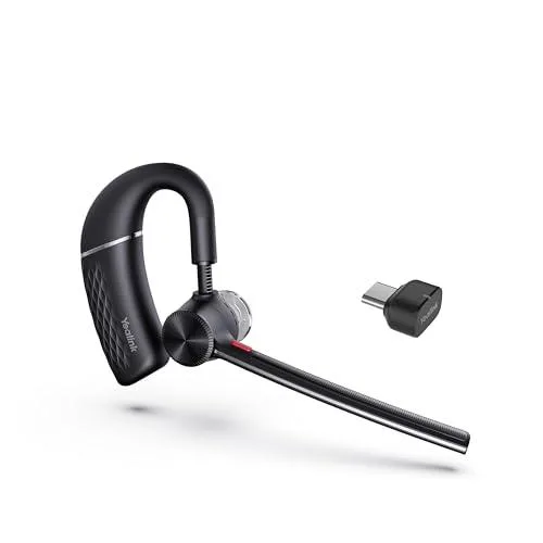 Black single-ear Bluetooth headset with adjustable ear hook and USB adapter