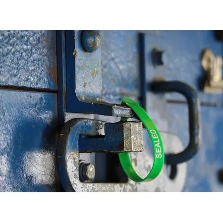 Green plastic security seal padlock, 7 1/2 inch, consecutively numbered, strip of 20