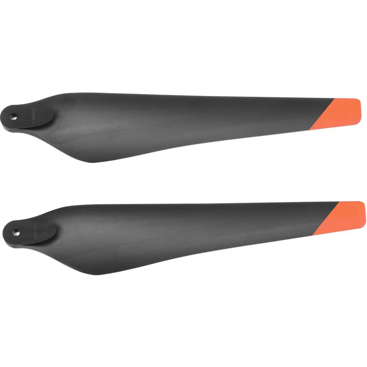 Two counter-clockwise drone propellers, black with orange tips, 26x8 size, weight-matched pair
