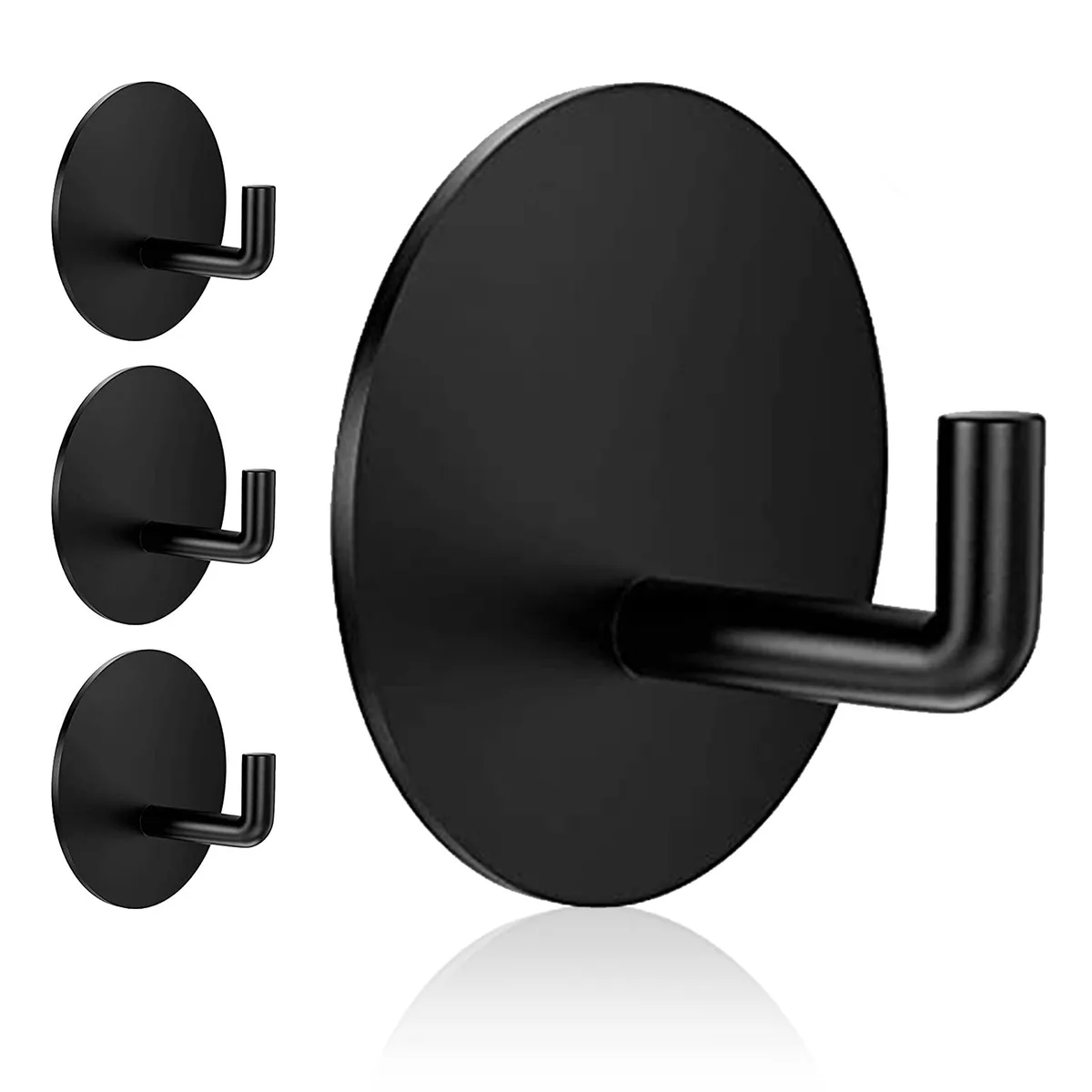 Four matte black stainless steel adhesive hooks with rounded profiles