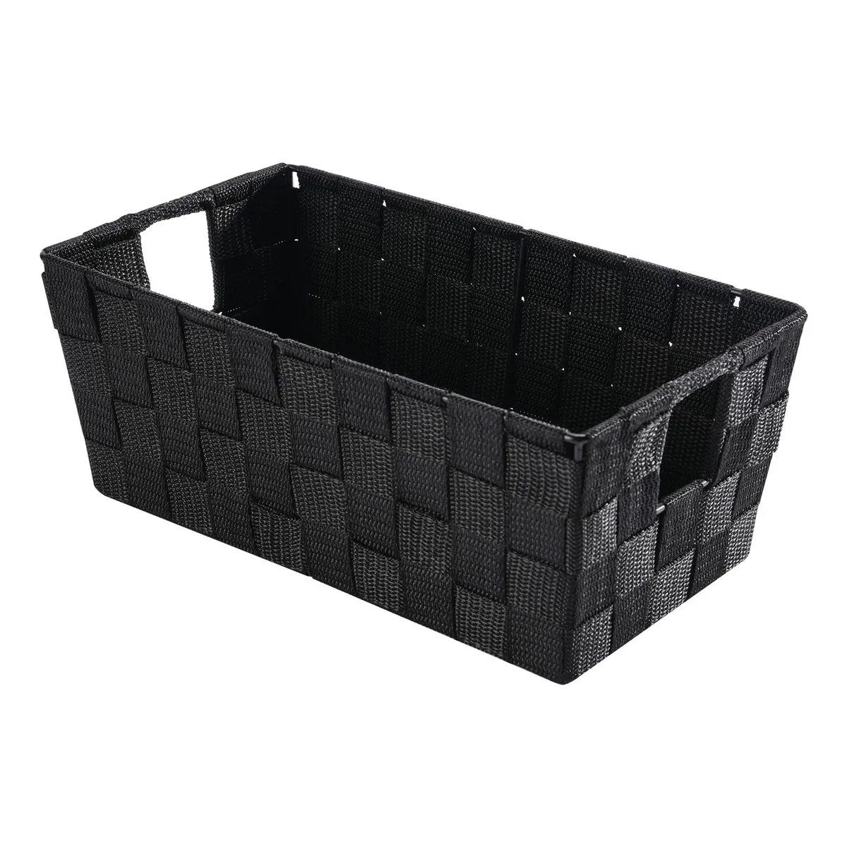 Black woven storage basket with metal frame, integrated handles, rectangular shape, 11.42 x 6.5 x 4.53 inches