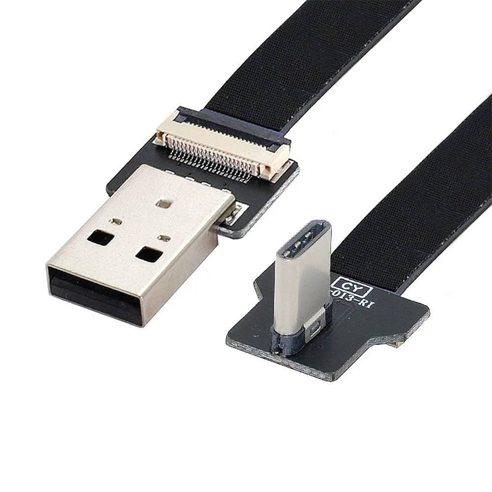 Flat black FPC cable with right-angle USB-A and USB-C male plugs, 50 cm long, connectors shipped unattached