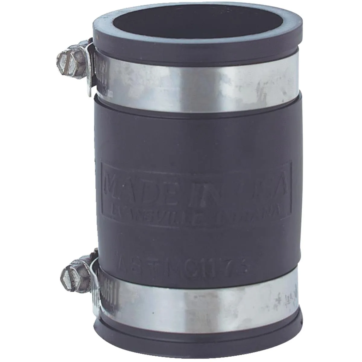 Black elastomeric PVC flexible coupling, 1-1/4 inch pipe size, cylindrical with ribbed ends