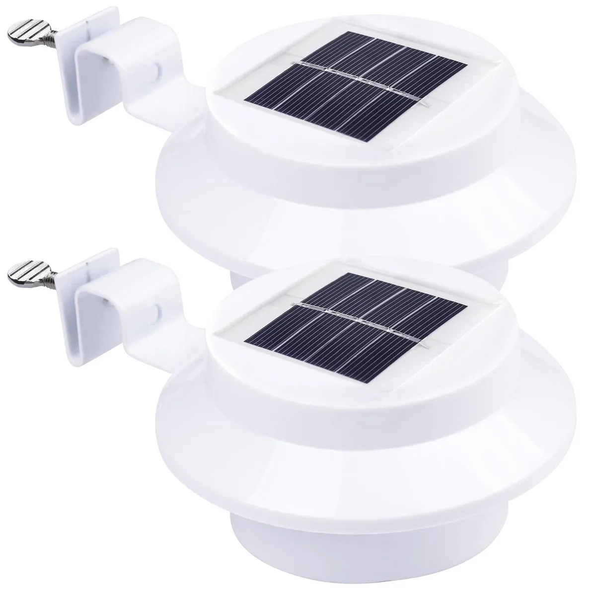 Two black square solar gutter lights with top panels and LED clusters