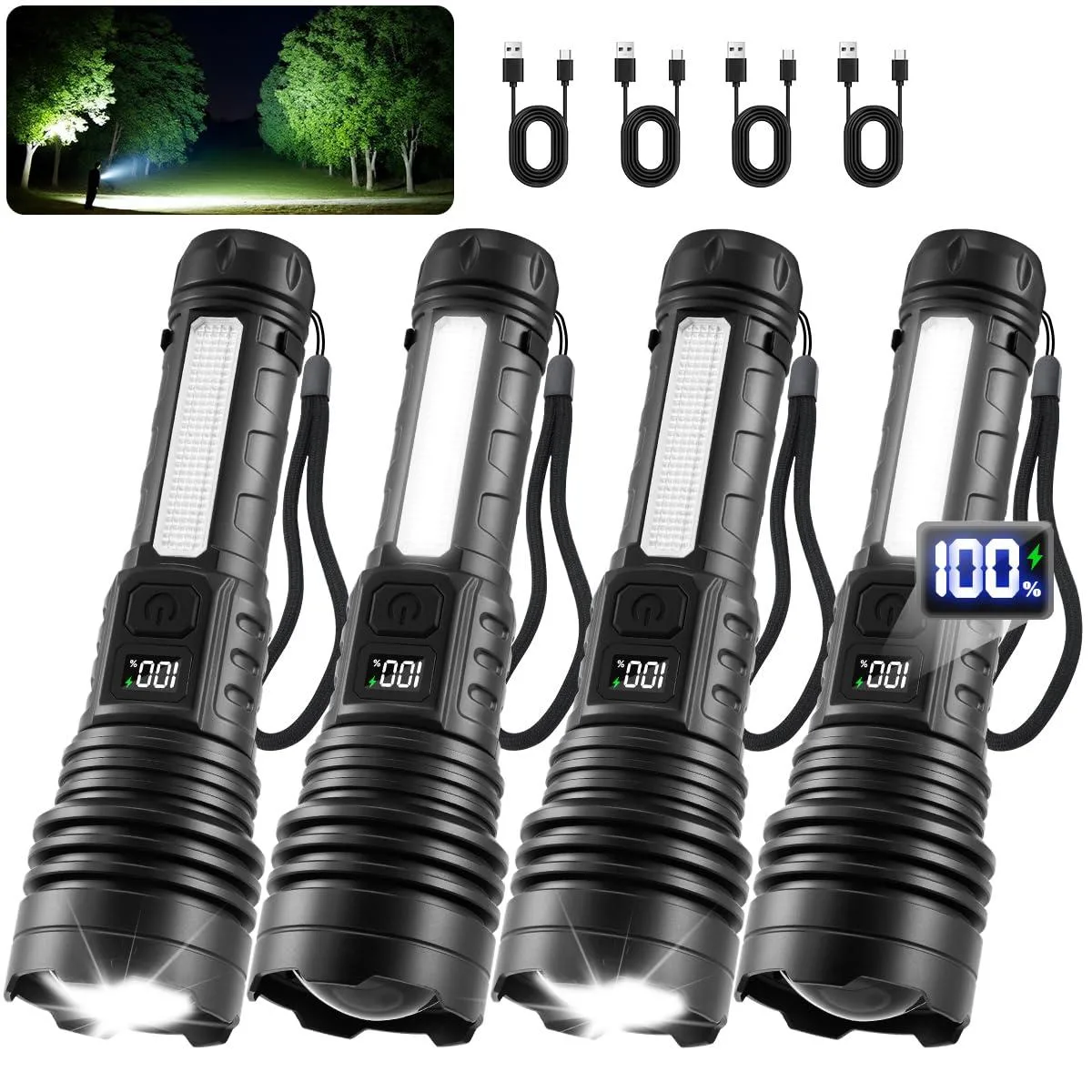 Four black rectangular aluminum flashlights with LCD displays side by side