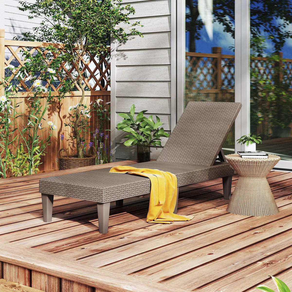 Brown outdoor chaise lounger with textured rattan-style PP surface, metal frame, adjustable backrest
