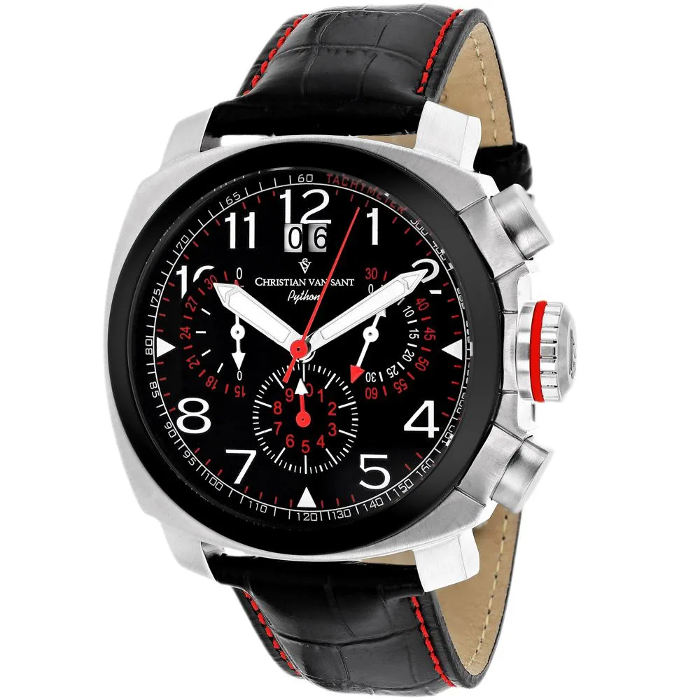 Stainless steel watch with black dial and leather strap
