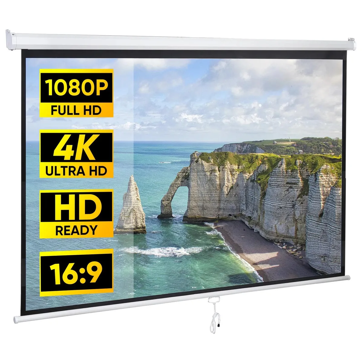 White rectangular pull-down screen in metal housing, 80 inch diagonal, 16:9 ratio, matte fabric surface
