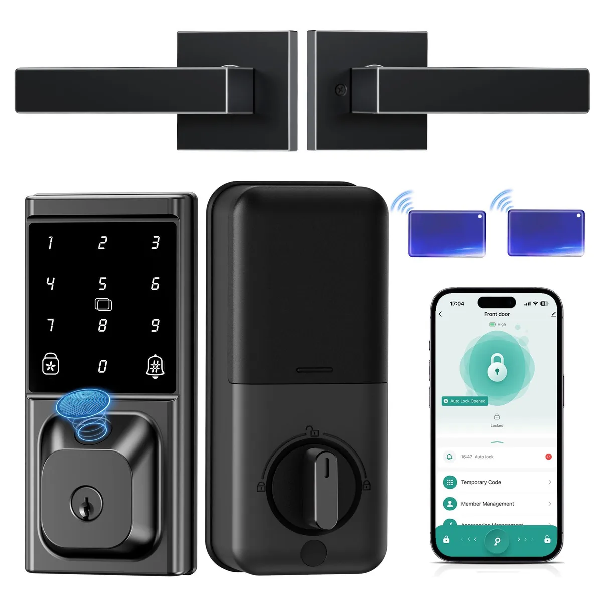 Black smart deadbolt with lever handle and touchscreen keypad