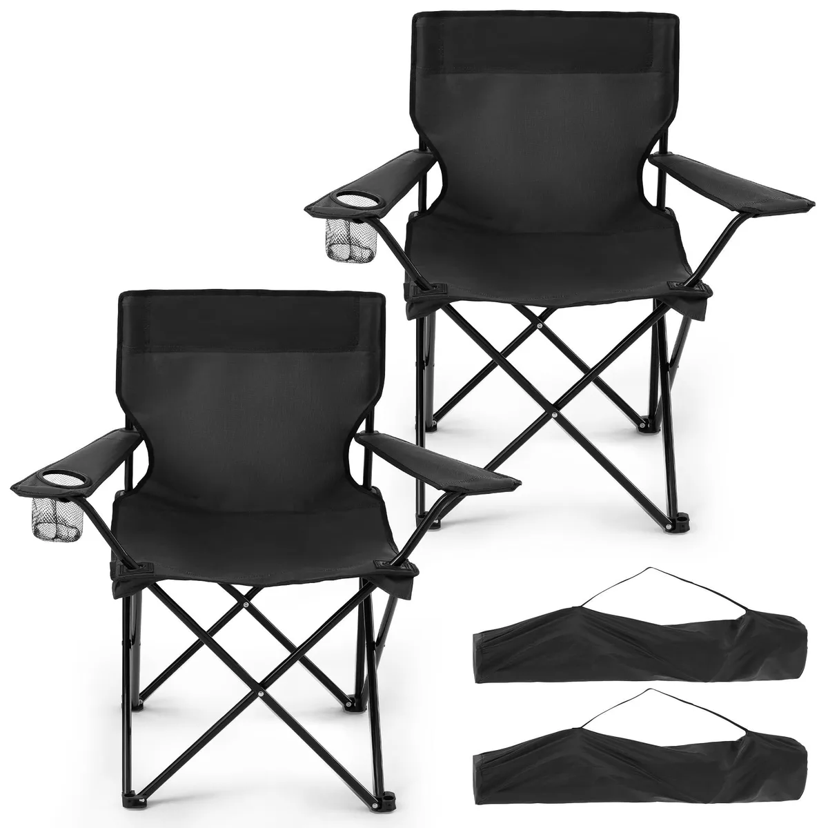 Two black folding camp chairs with cup holders and carry bags
