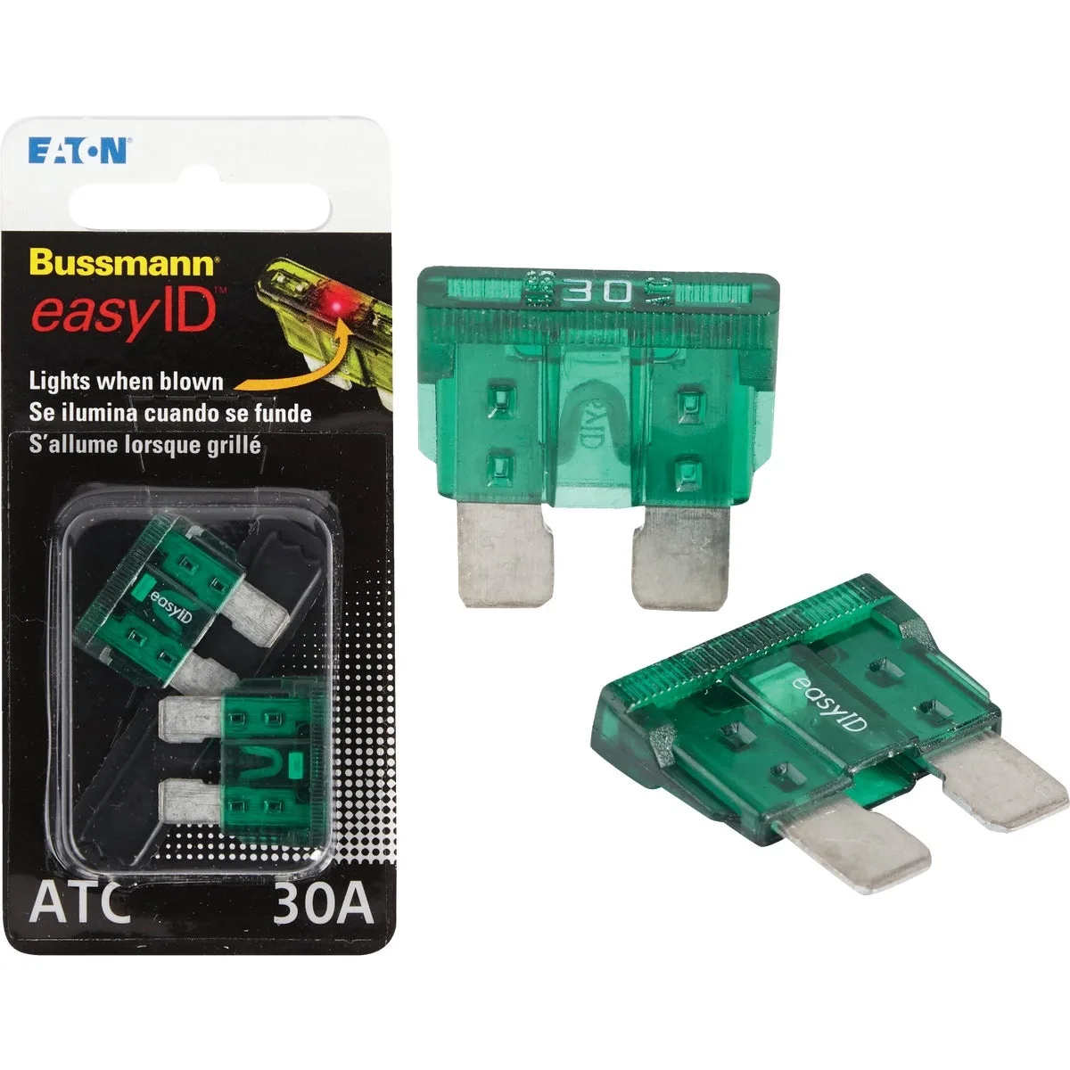 Two green ATC blade fuses with LED indicator tops, 30 A 32 V, .75 in long